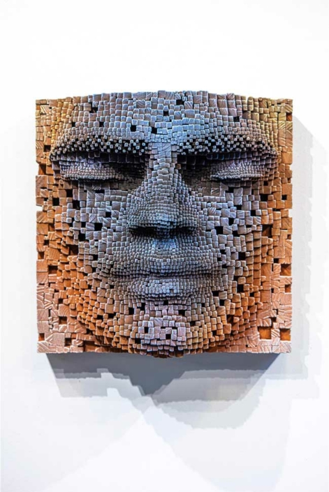 Mask #10 | Pixelated wood wall sculpture | 41x23x41cm | Gil Bruvel