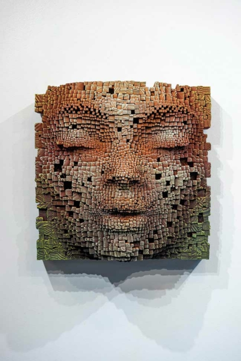 Mask #13 | Pixelated wood wall sculpture | 41x23x41cm | Gil Bruvel