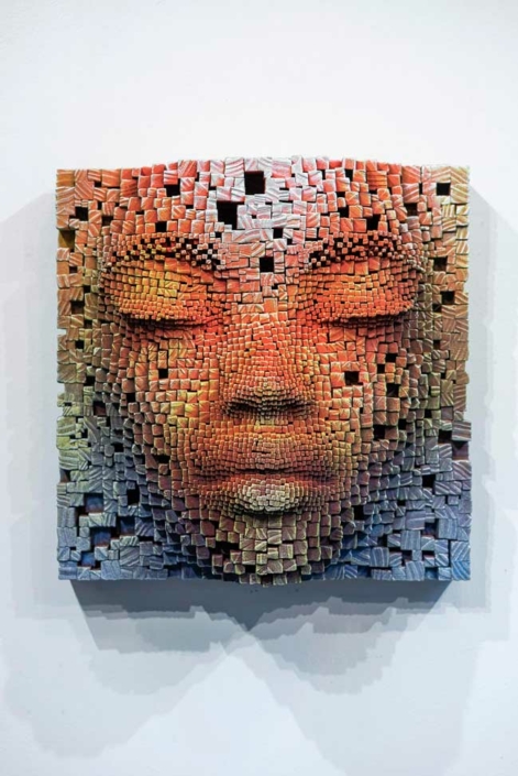 Mask #15 | Pixelated wood wall sculpture | 41x23x41cm | Gil Bruvel
