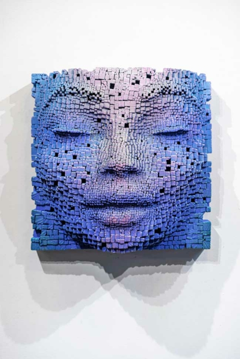 Mask #16 | Pixelated wood wall sculpture | 41x23x41cm | Gil Bruvel